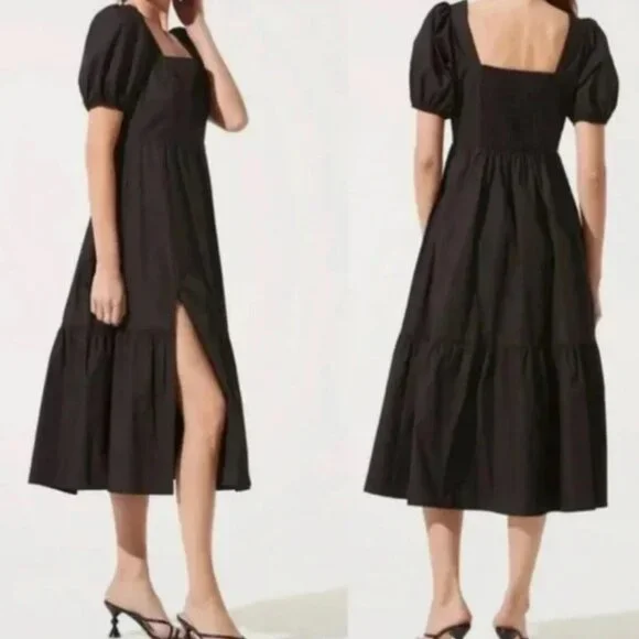 ASTR the Label Black Cotton Poplin Tiered Puff Short Sleeve Midi Dress Size XL - Picture 12 of 12